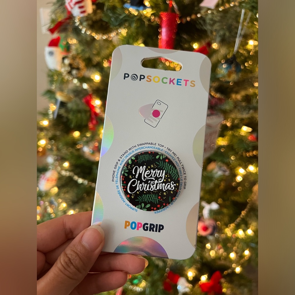 NWT Merry Christmas Black Popsocket Swappable Top White Font Green & Red